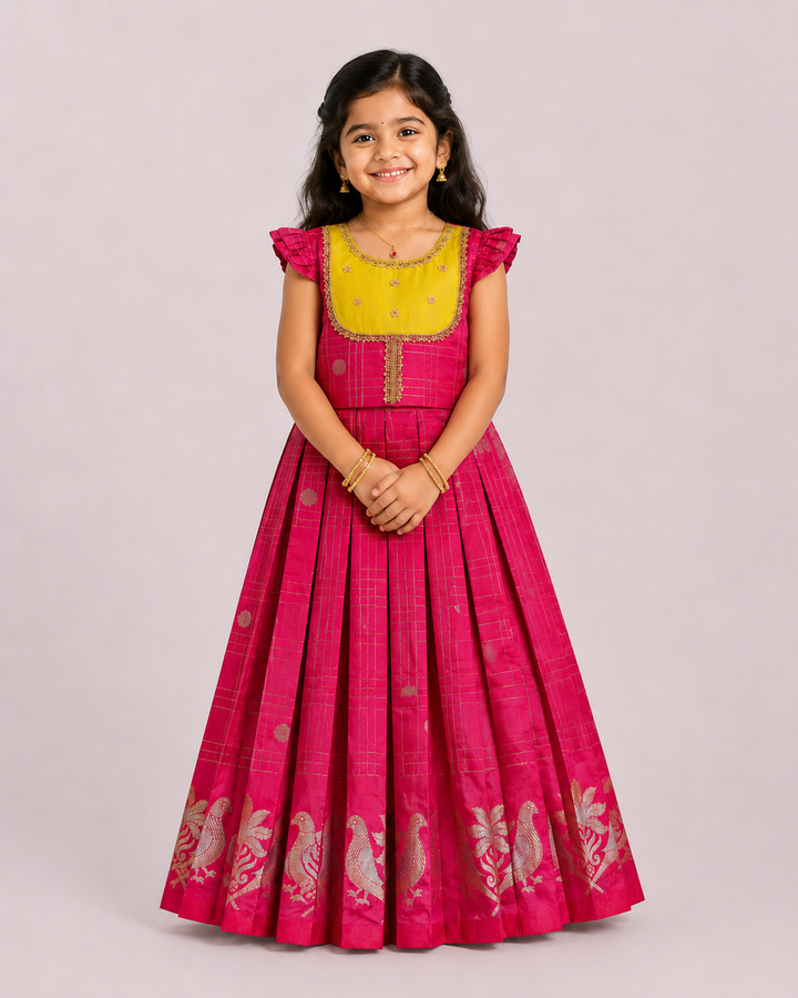 Sukriti - Pink Lemon Green Pattu Pavadai Minipattu