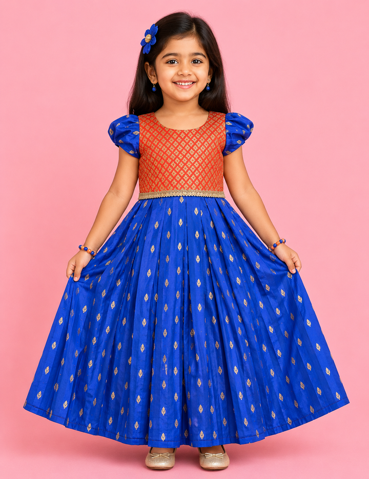 Tanishka - Orange Royal Blue Frock Minipattu