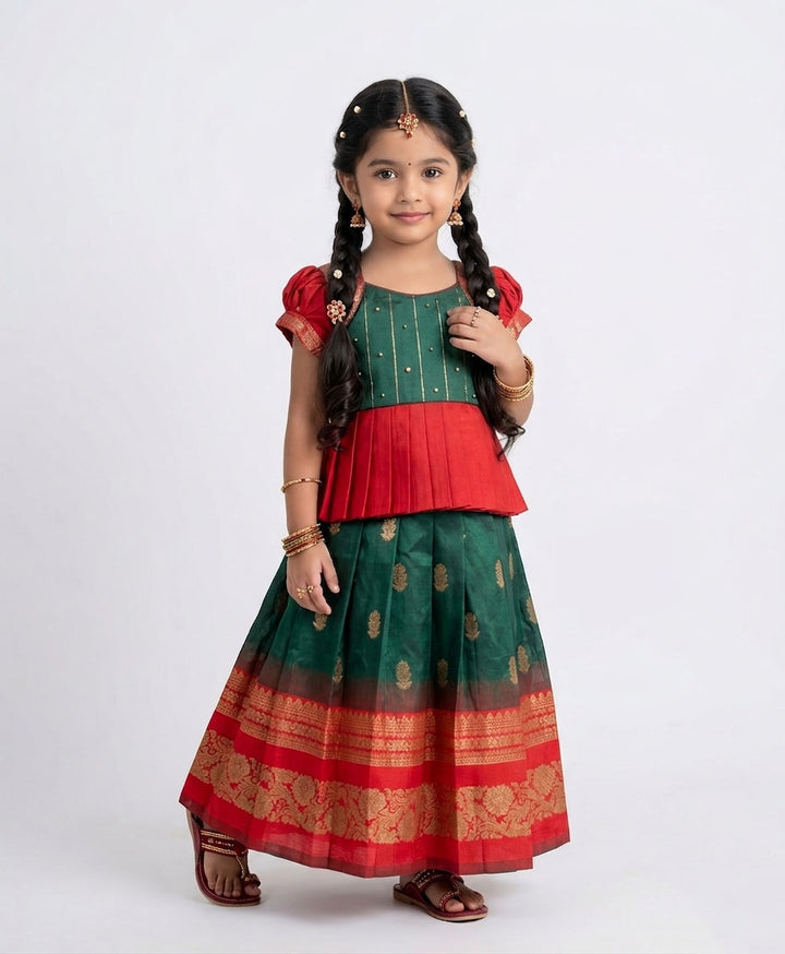 Meena - Green Red Pattu Pavadai Minipattu