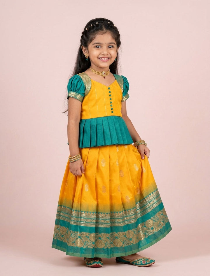 Meena - Yellow Teal Pattu Pavadai Minipattu