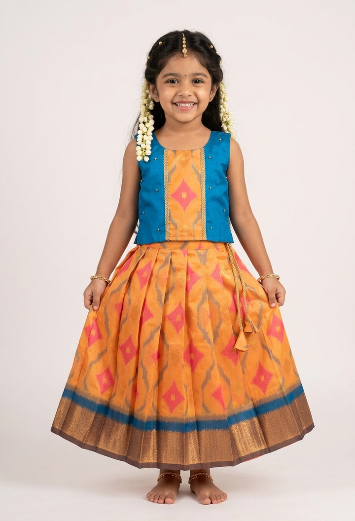 Srimathi - Teal Blue Peach Orange Designer Minipattu