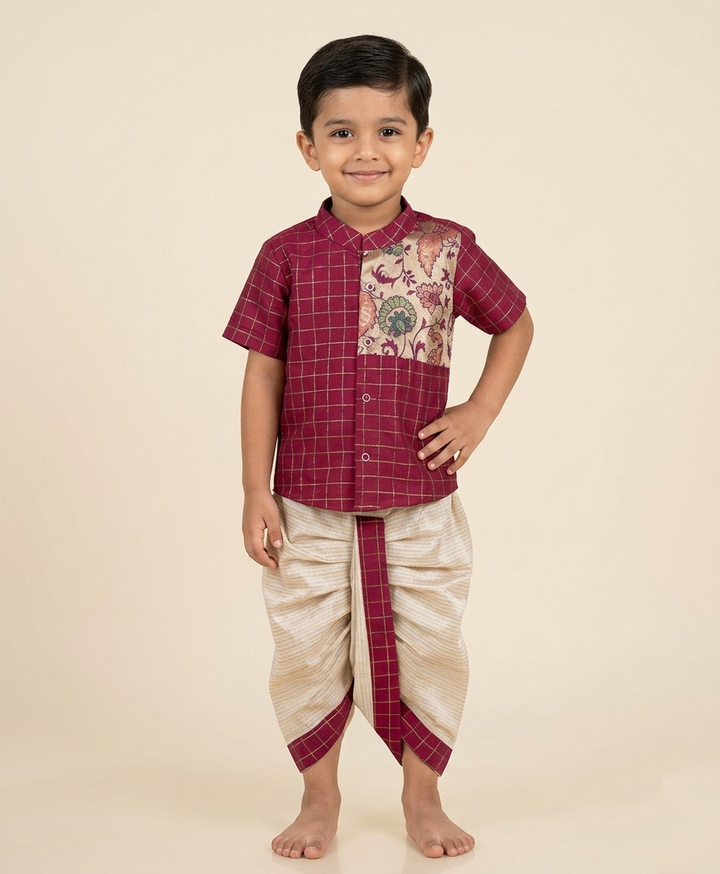 Raghu - Paithani Magenta Checks kurta & Dhothi Set