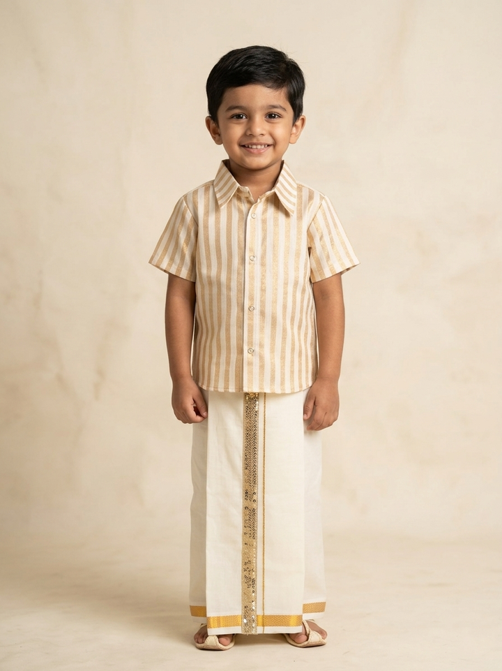 Saran -  Half White Gold Stripes Shirt & Vesti Set