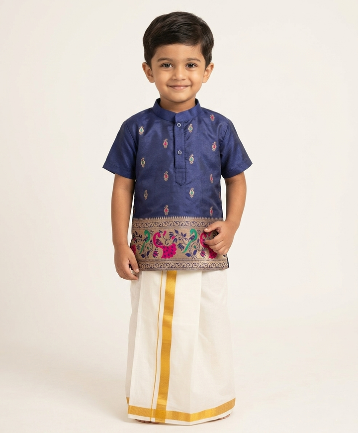 Mithun - Navy Blue Shirt & Vesti Set