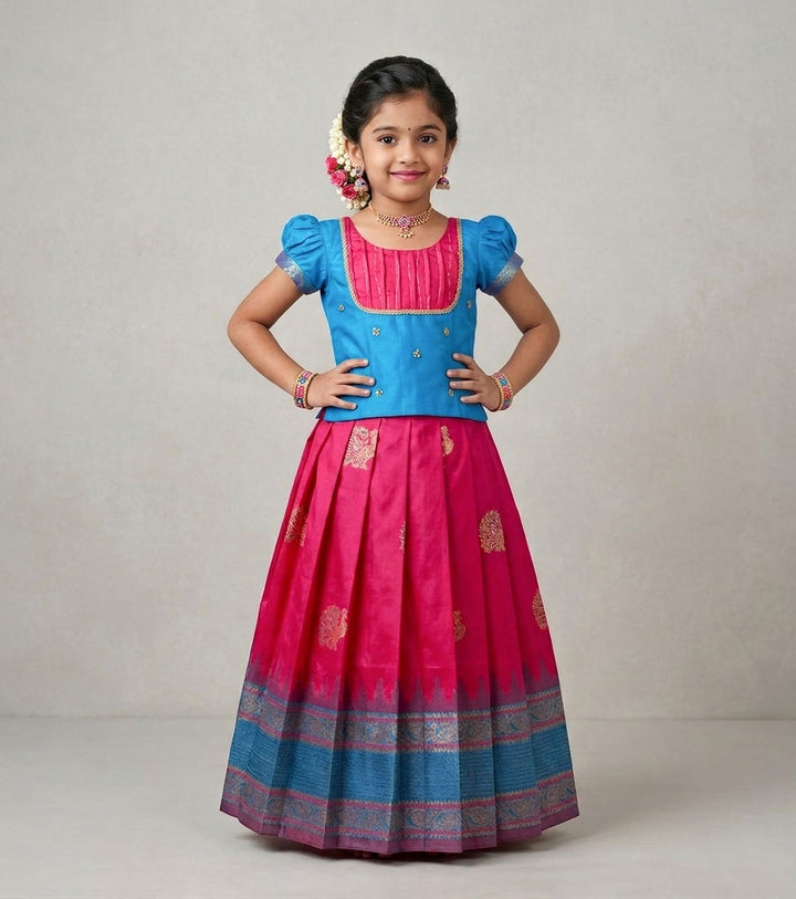 Aishu - Pink Blue Pattu Pavadai Minipattu