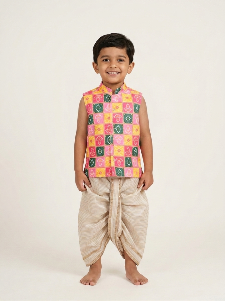 Dev - Multi Color Checks Kurta & Dhothi Set