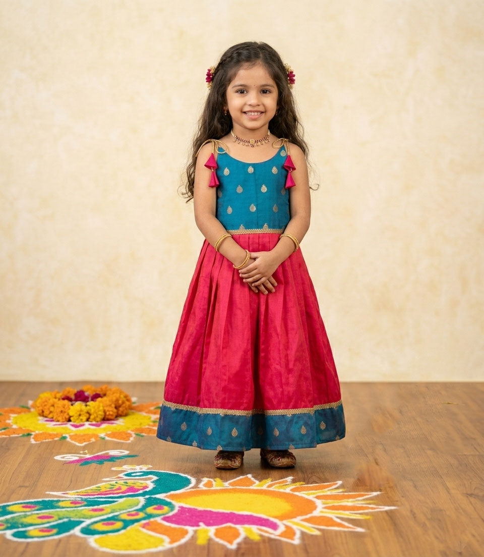 Navya - Peacock Blue Pink Butta Frock