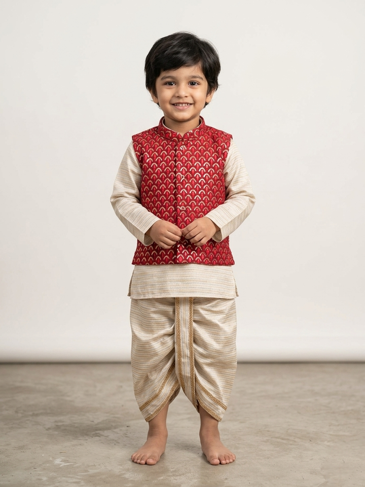 Nishaan - Maroon Kurta Coat & Dhothi Set