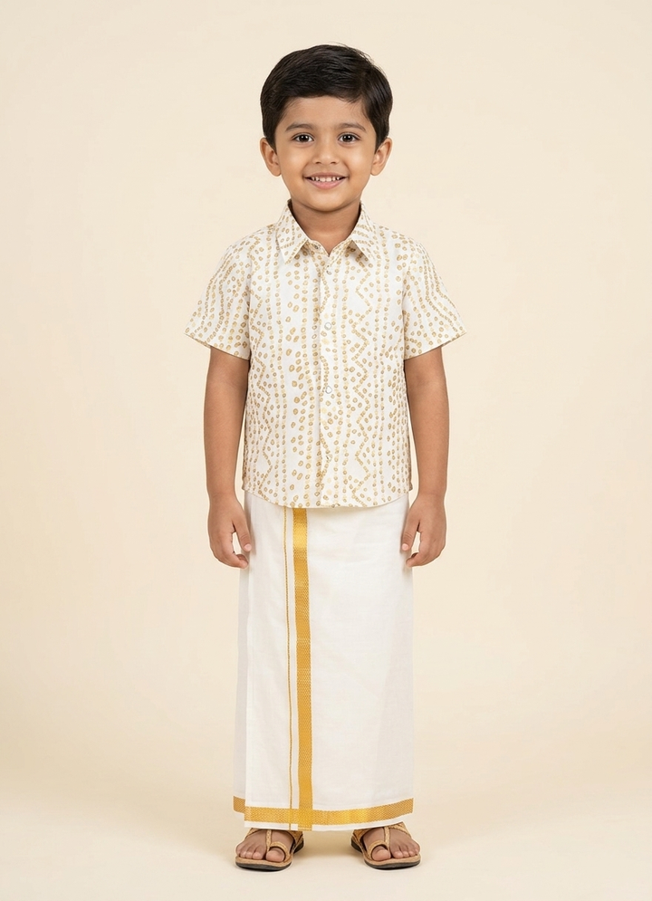 Adhiran - Halfwhite Bandhini Shirt & Vesti Set