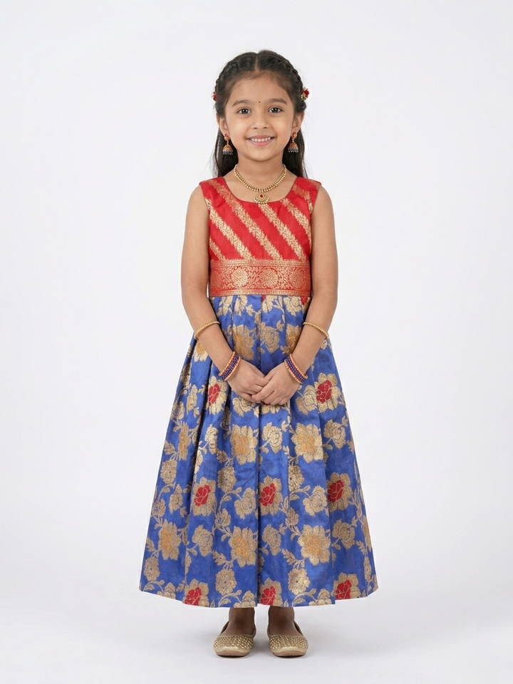 Lavanya - Red Blue Floral Frock Minipattu