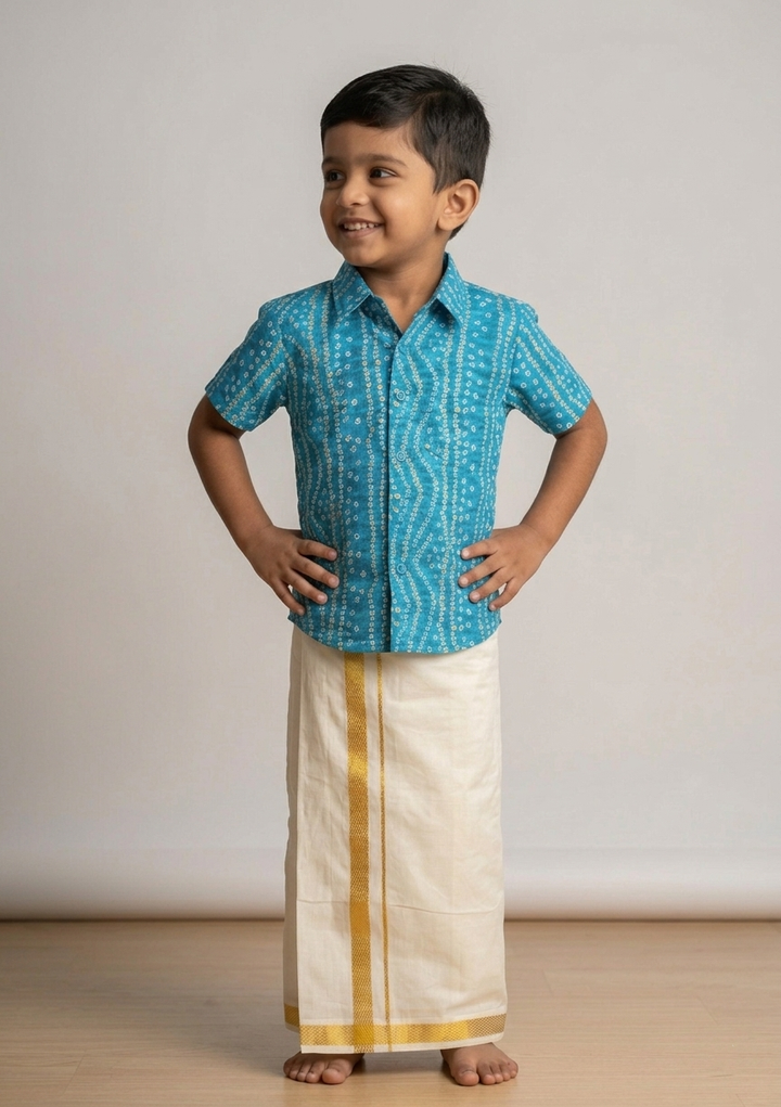 Adhiran - Blue Bandhini Shirt & Vesti Set