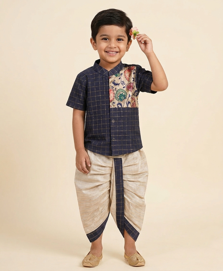 Raghu - Paithani Blue Checks kurta & Dhothi Set