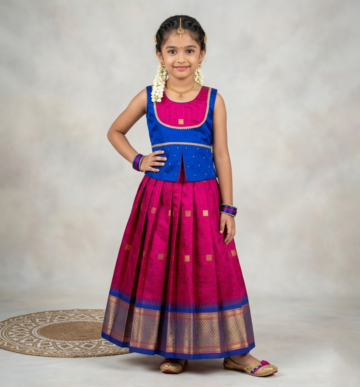 Madhavi - Blue Magenta Pattu Pavadai Minipattu