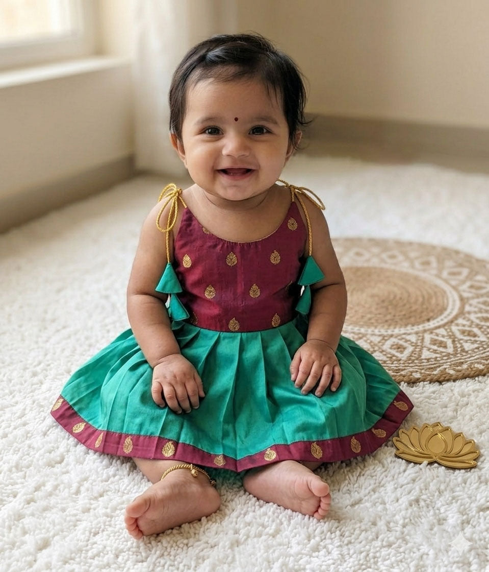Vinusha - Burgundy Teal Green Frock-Cum-Romper Minipattu