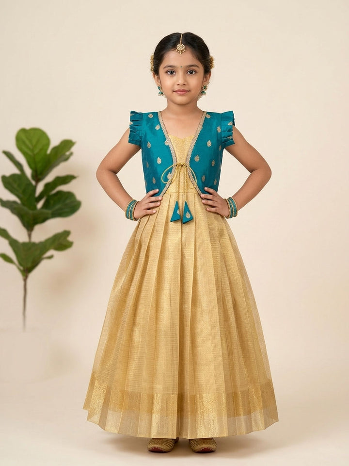 Mythili - Teal Blue Golden 2 in 1 Designer MiniPattu
