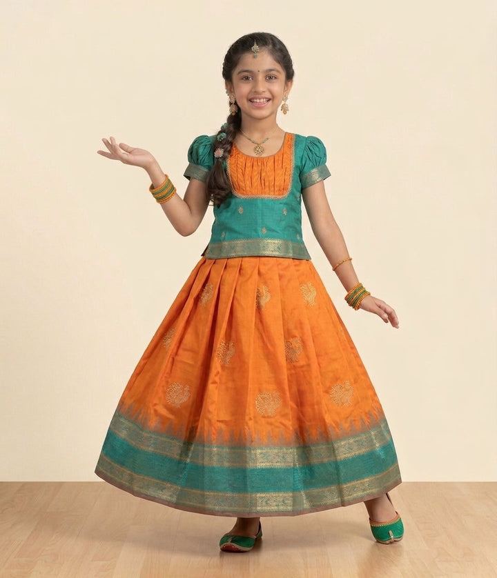 Aishu - Orange Teal Pattu Pavadai Minipattu