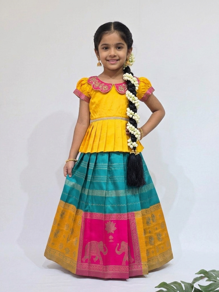Sadhana - Mustard Yellow Teal Pattu Pavadai Minipattu