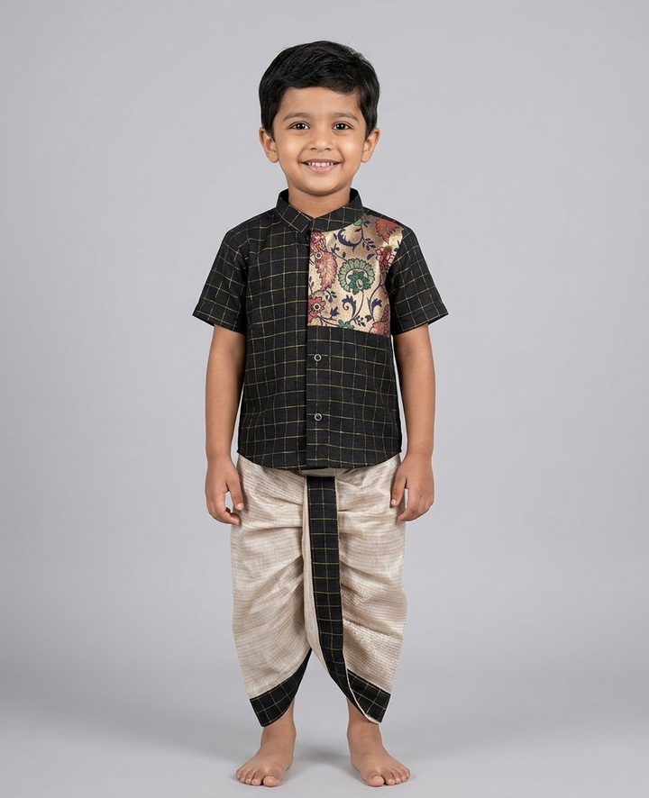 Raghu - Paithani Black Checks kurta & Dhothi Set