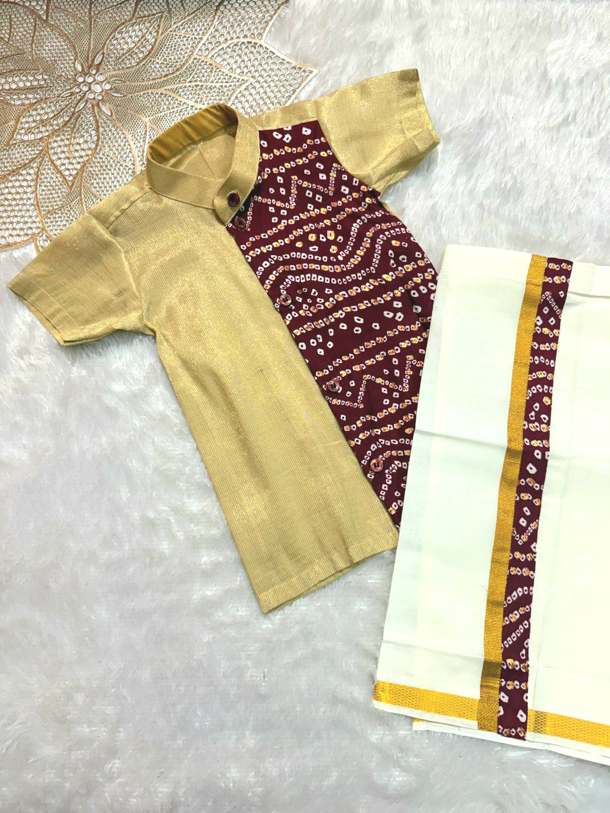 Dhruv - Maroon Bandhini Shirt & Dhothi Set