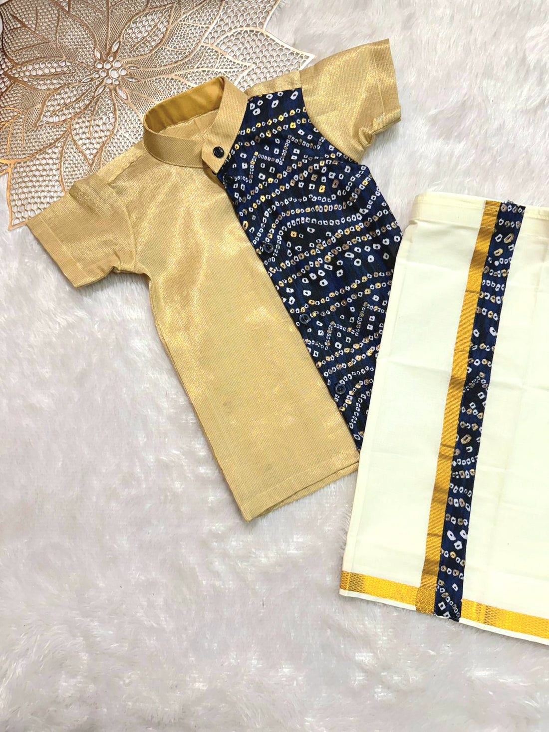 Dhruv - Navy Bandhini Shirt & Dhothi Set