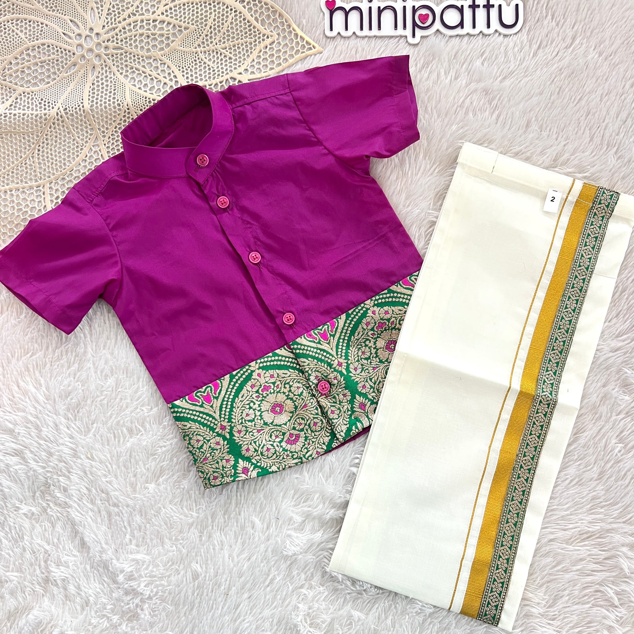Atharva - Magenta Green Shirt & Dhothi Set
