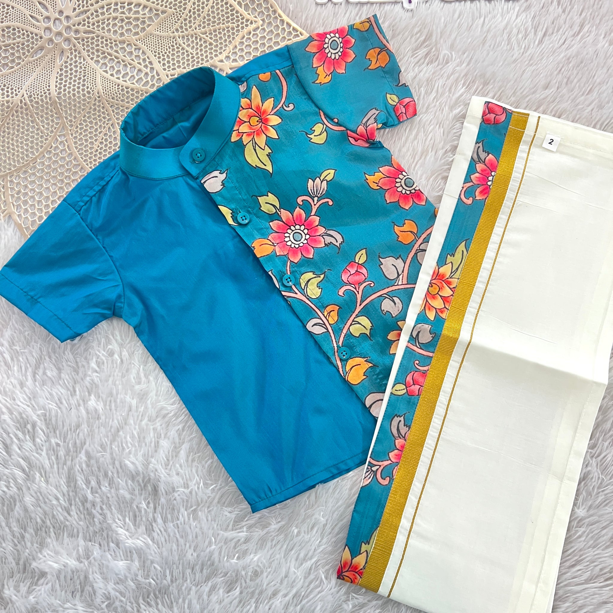 Yathra - Teal Blue Kalamkari Shirt & Dhothi Set