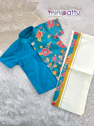 Yathra - Teal Blue Kalamkari Shirt & Dhothi Set