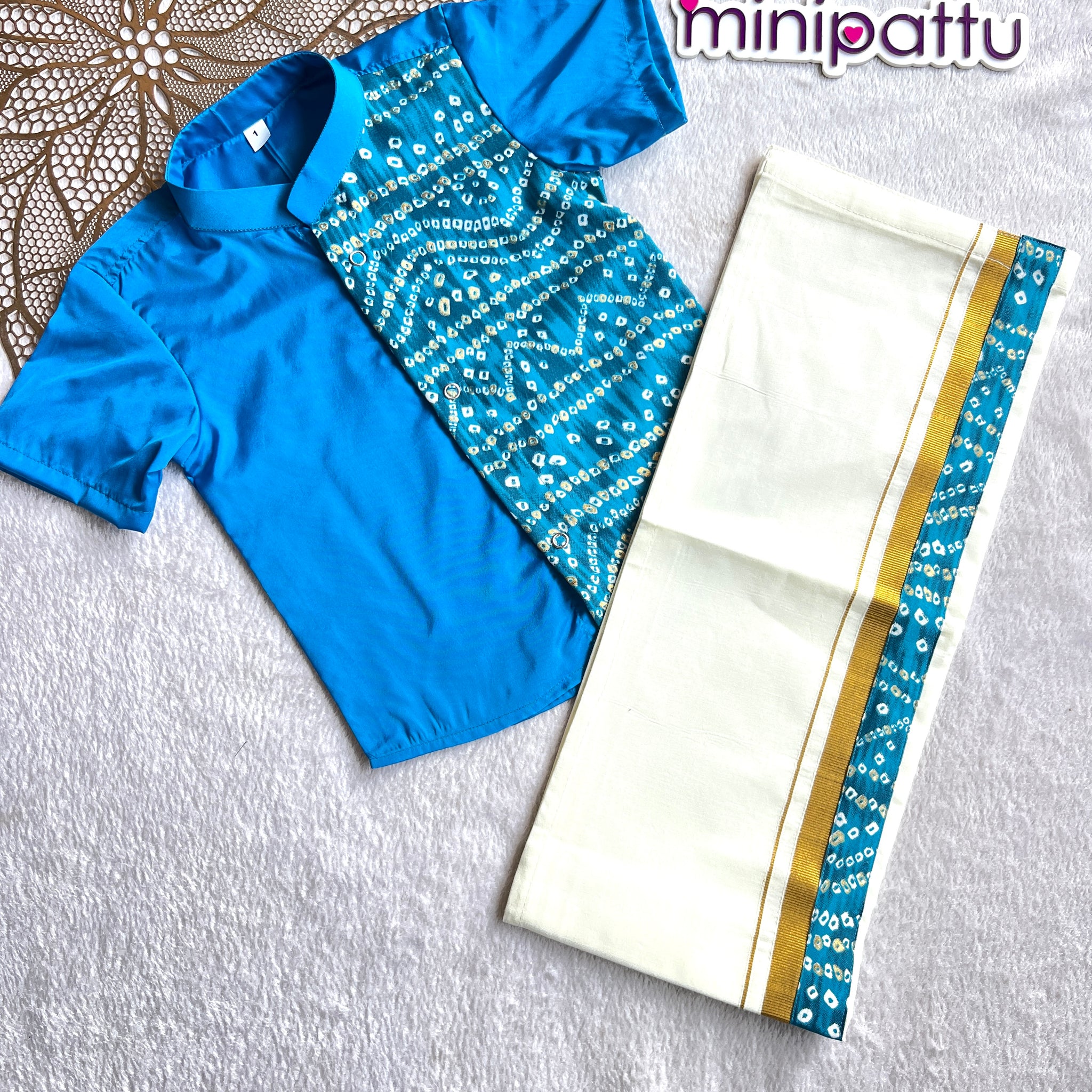 Yathra - Blue Bandhini Shirt & Dhothi Set