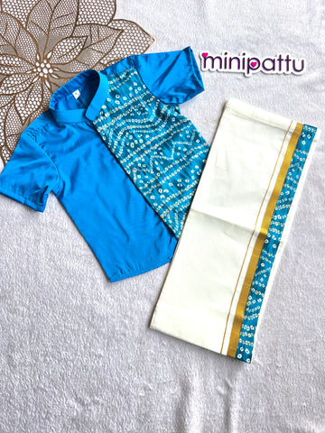 Yathra - Blue Bandhini Shirt & Dhothi Set