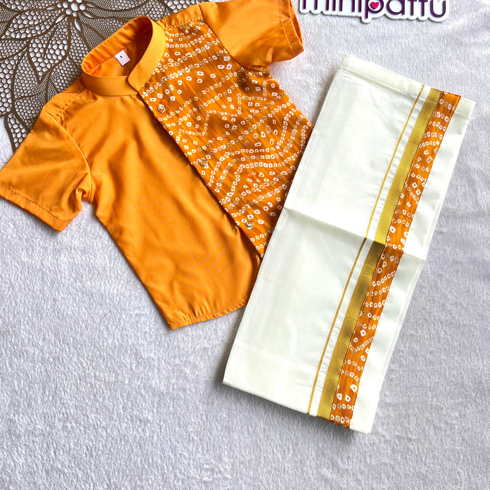 Yathra - Musturd Bandhini Shirt & Dhothi Set