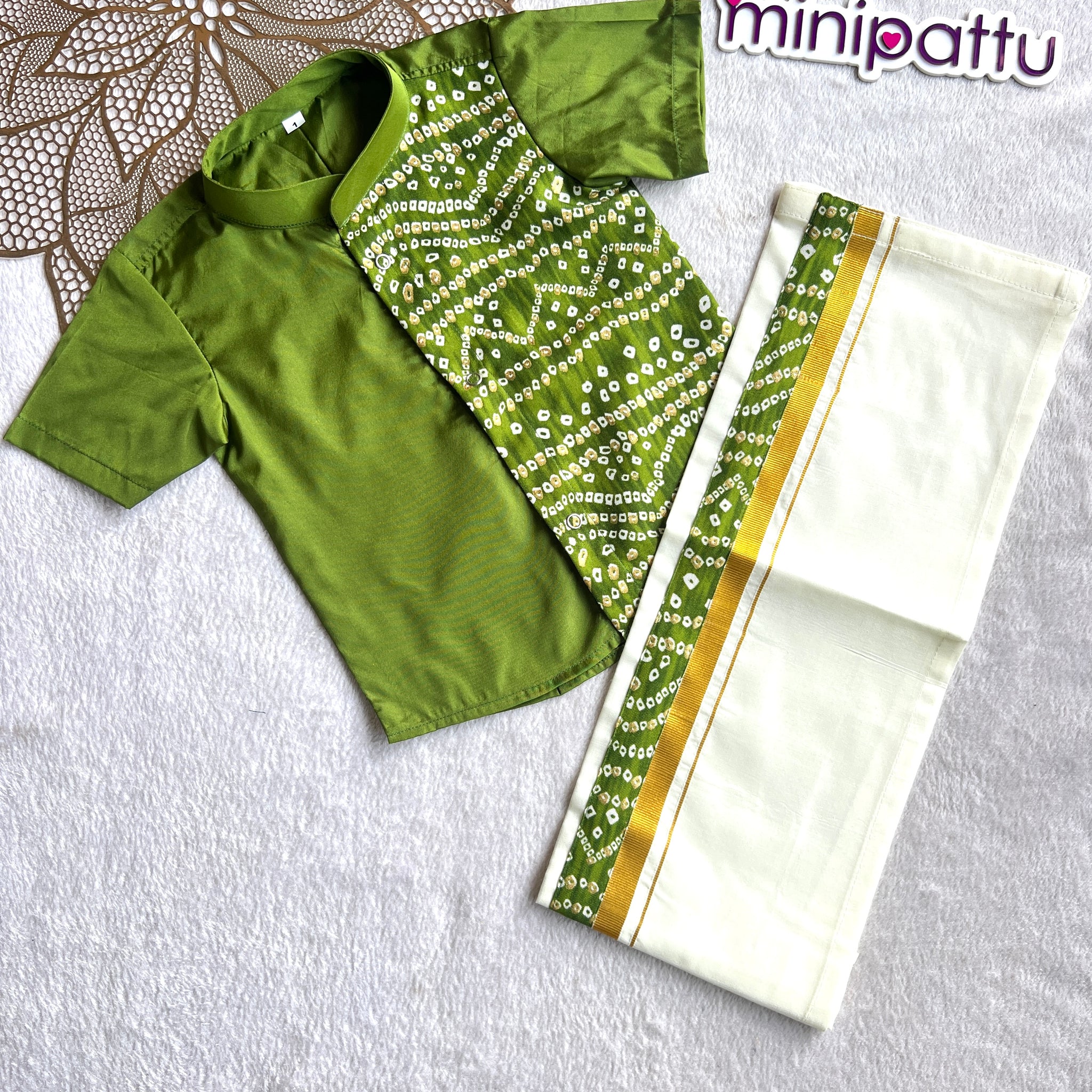 Yathra - Green  Bandhini Shirt & Dhothi Set
