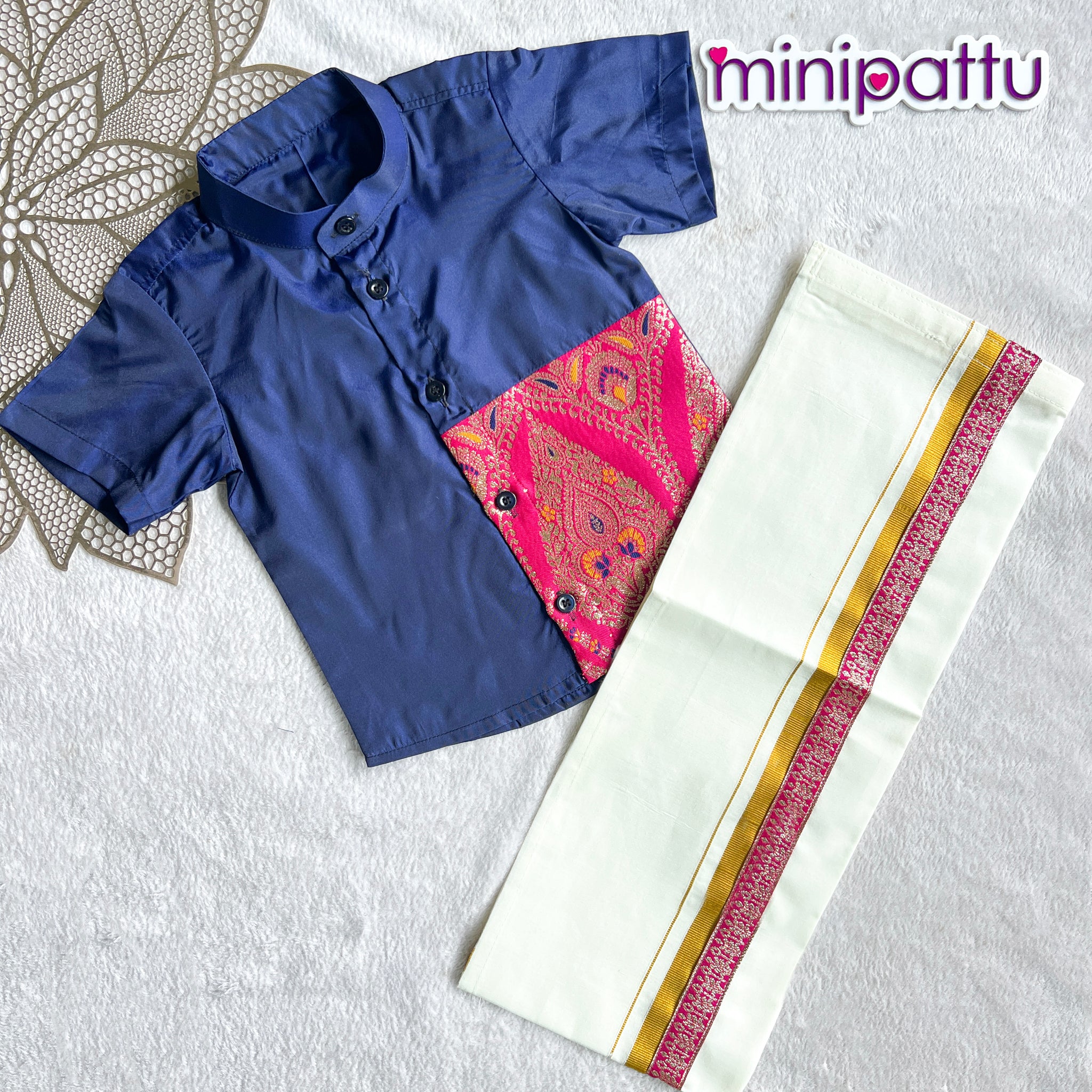 Atharva - Navy Pink Shirt & Dhothi Set
