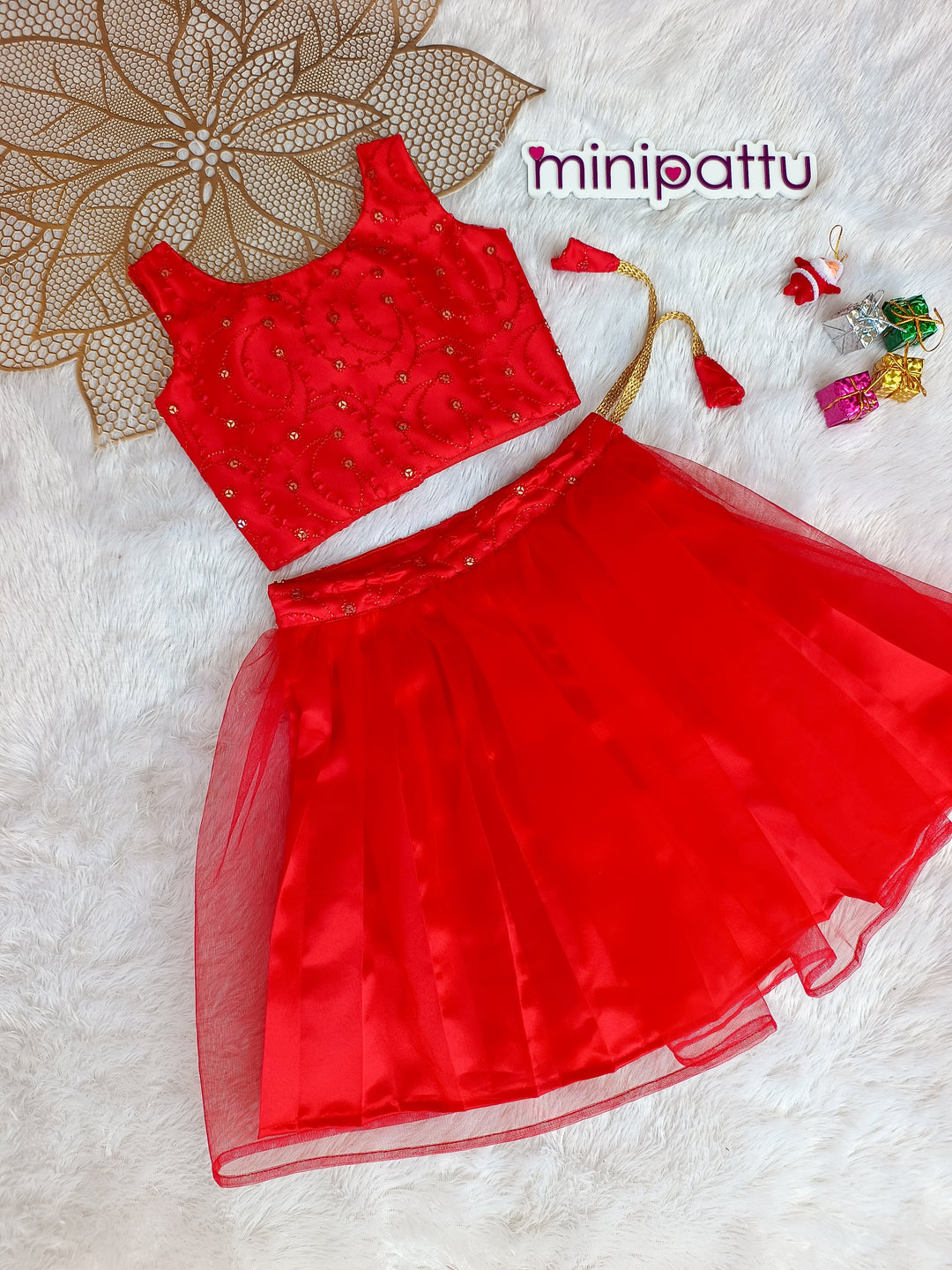 Jingle - Red Designer Embroidered Net Minipattu