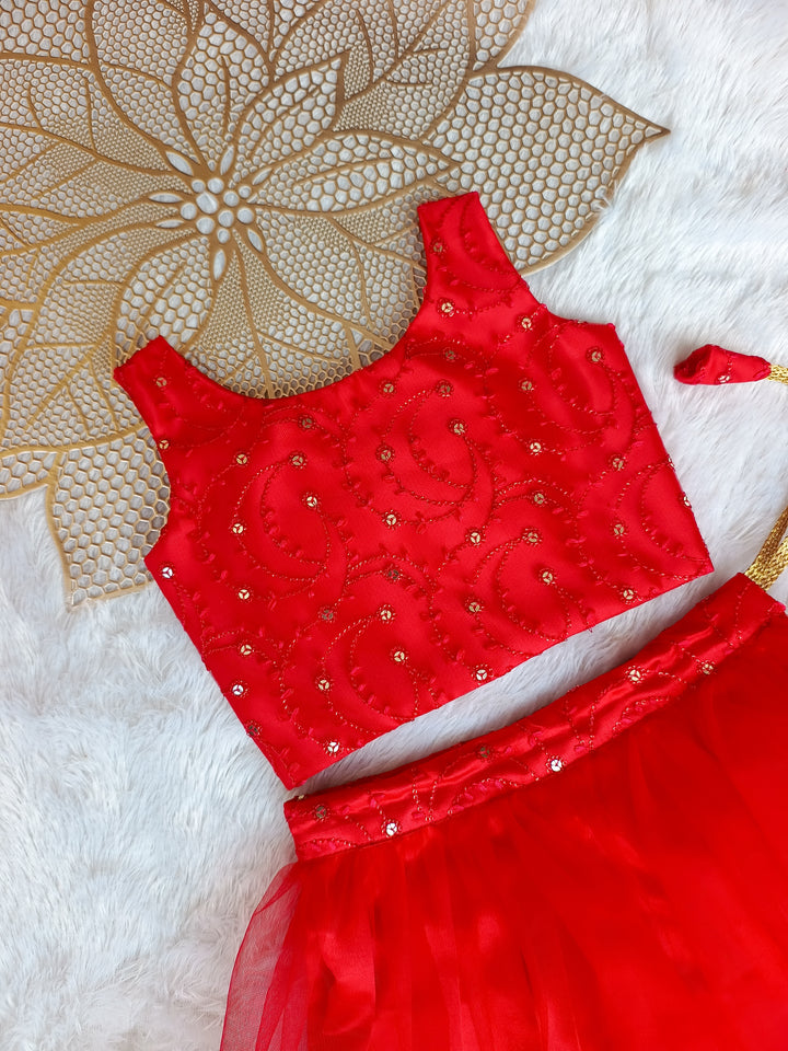 Jingle - Red Designer Embroidered Net Minipattu