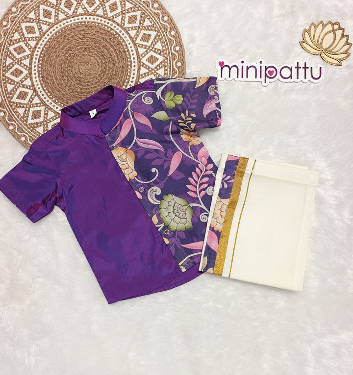 Tharun - Violet Kalamkari Kurta Shirt & Vesti Set