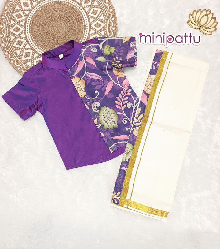 Tharun - Violet Kalamkari Kurta Shirt & Vesti Set