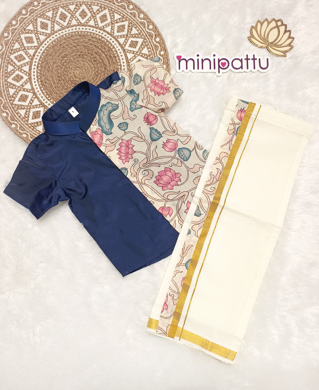 Tharun - Navy Blue Kalamkari Shirt & Dhothi Set