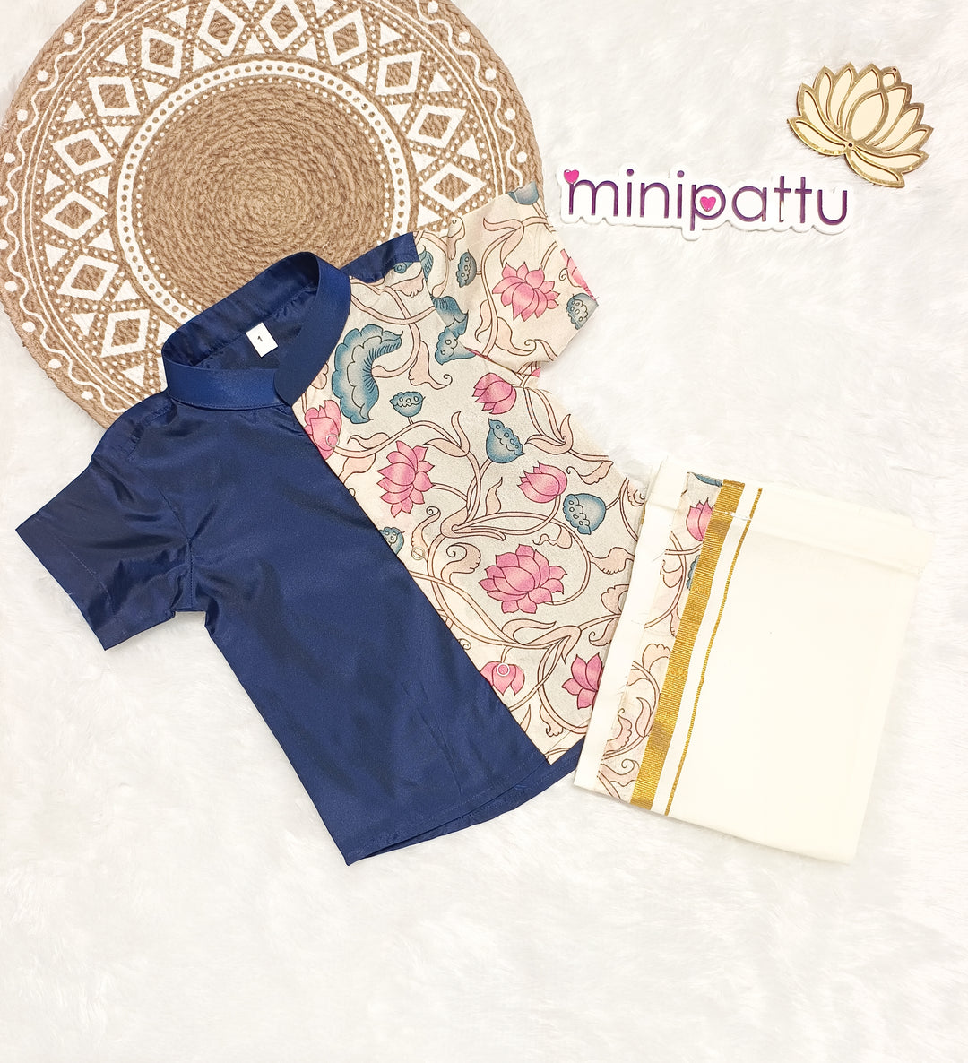 Tharun - Navy Blue Kalamkari Shirt & Dhothi Set