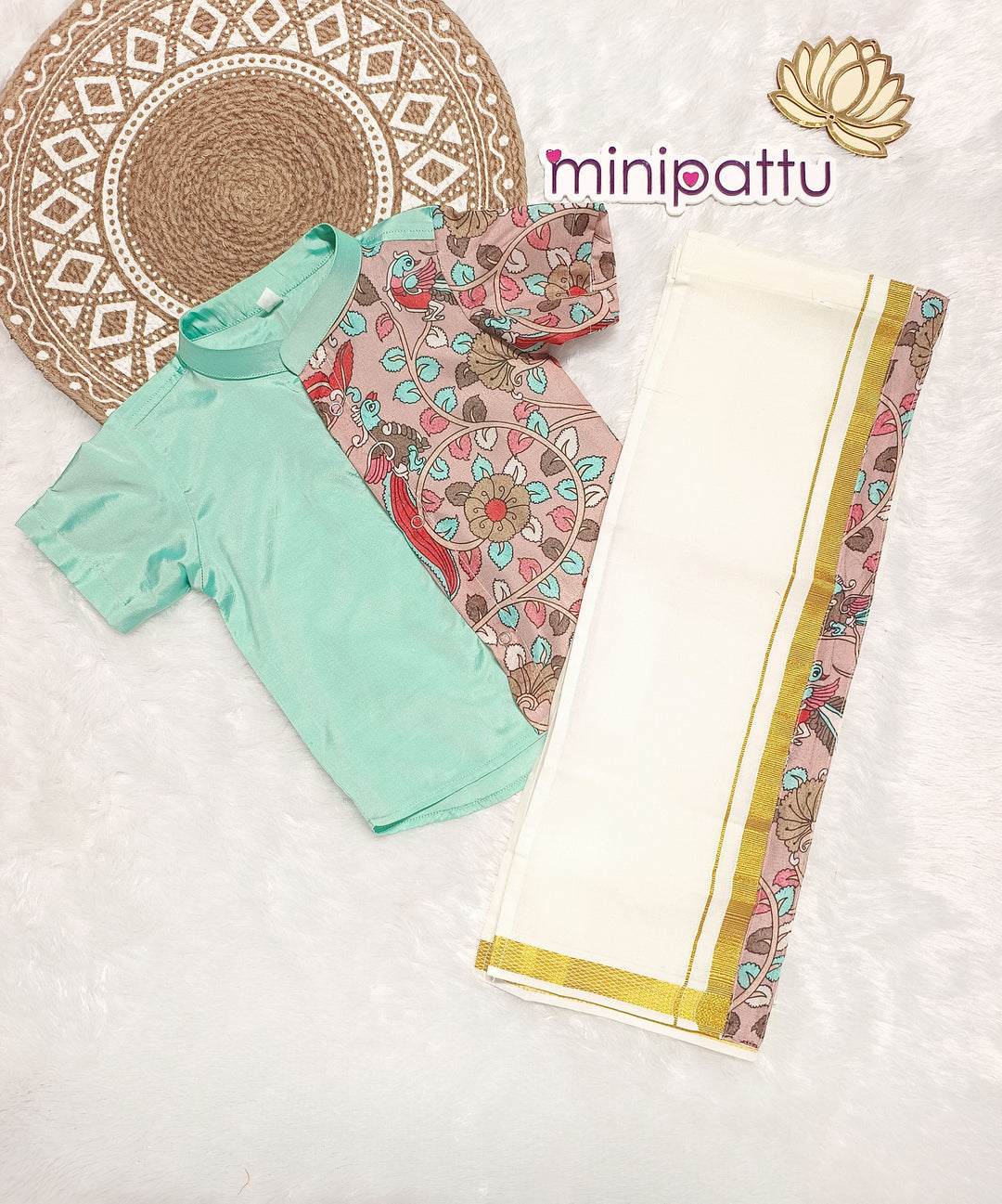 Tharun - Turquoise Blue Kalamkari Kurta Shirt & Vesti Set