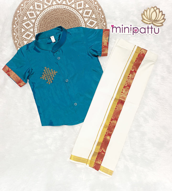 Rudhra - Teal Green Shirt & Dhothi Set