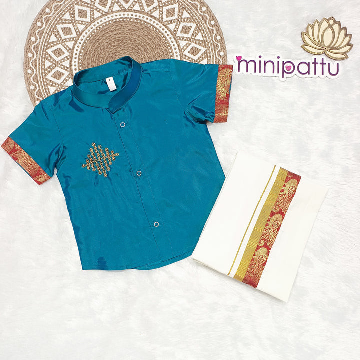 Rudhra - Teal Green Shirt & Dhothi Set