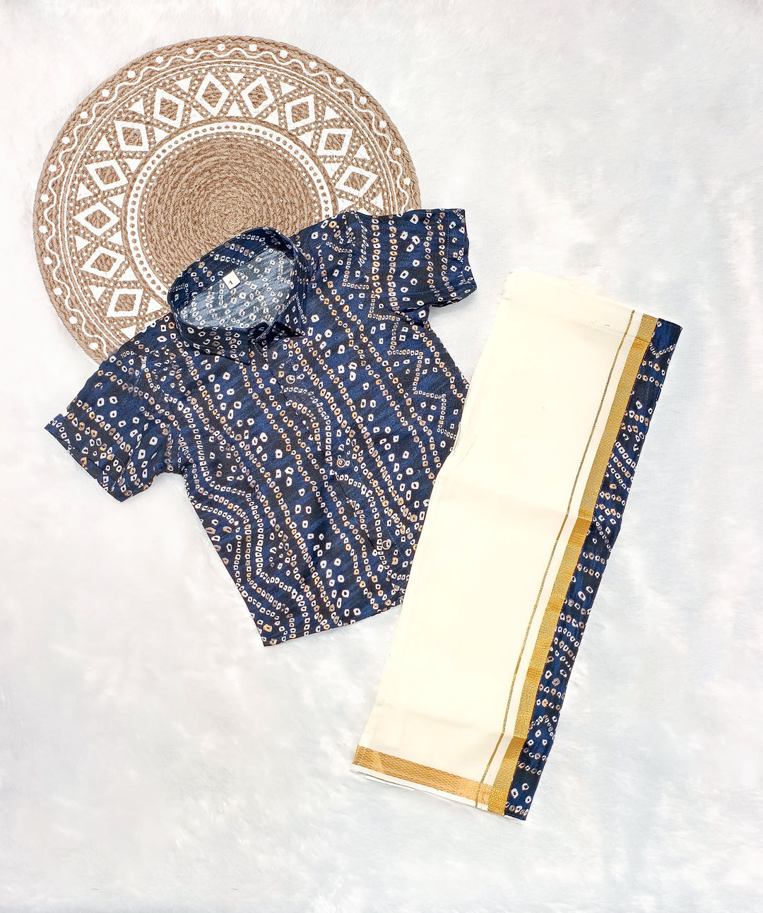 Dhruv - Navy Bandhini Shirt & Dhothi Set