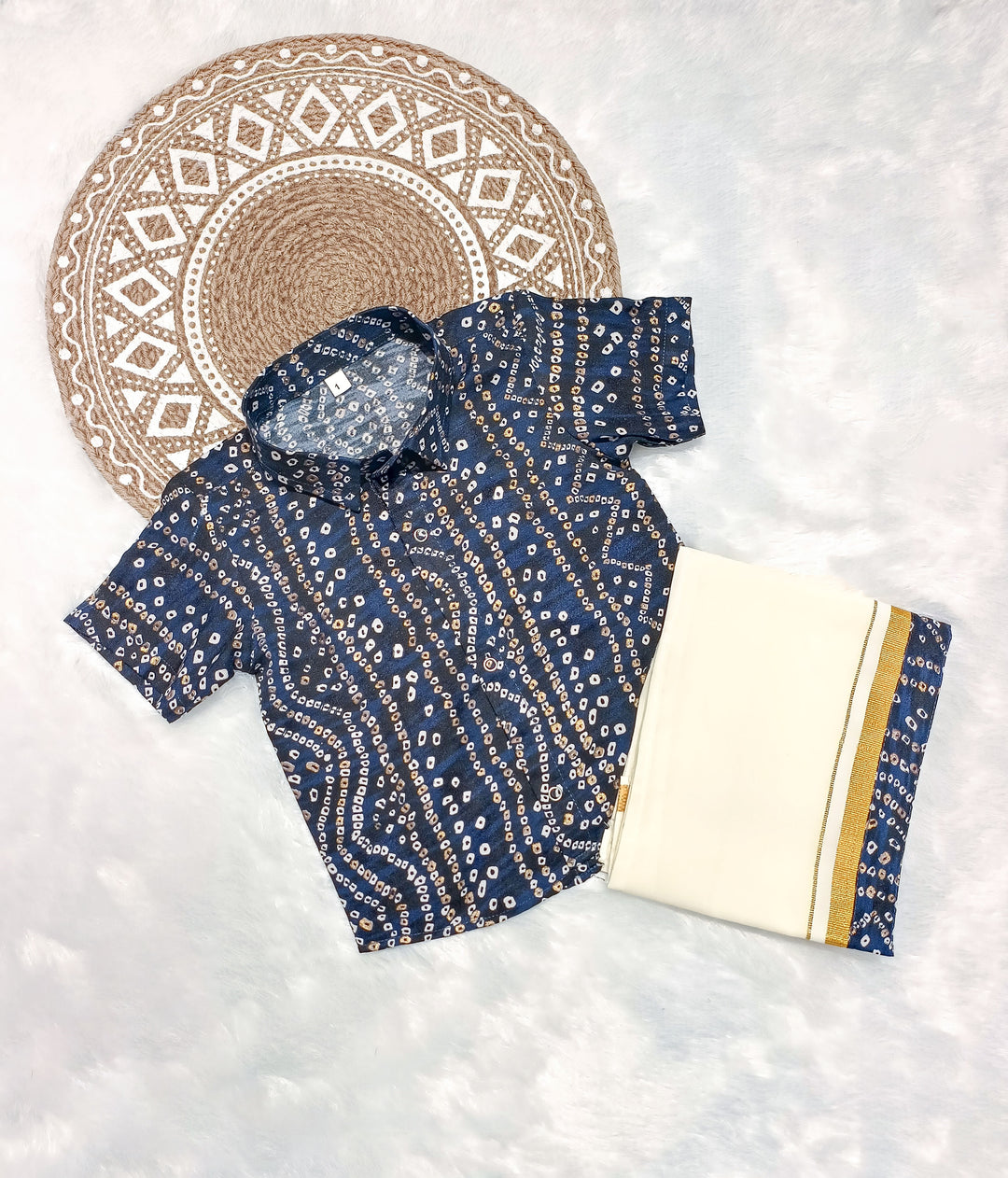 Dhruv - Navy Bandhini Shirt & Dhothi Set