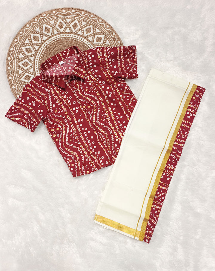 Dhruv - Maroon Bandhini Shirt & Dhothi Set