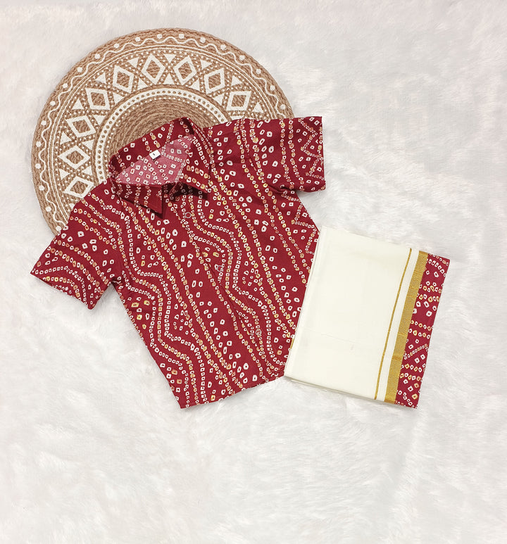 Dhruv - Maroon Bandhini Shirt & Dhothi Set