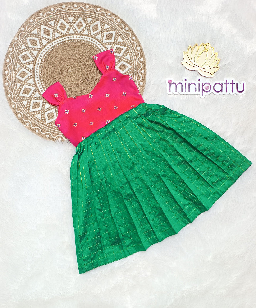Ajanya - Pink Green Frock-Cum-Romper Minipattu