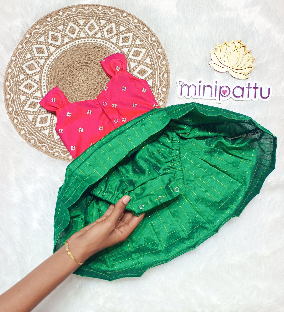 Ajanya - Pink Green Frock-Cum-Romper Minipattu