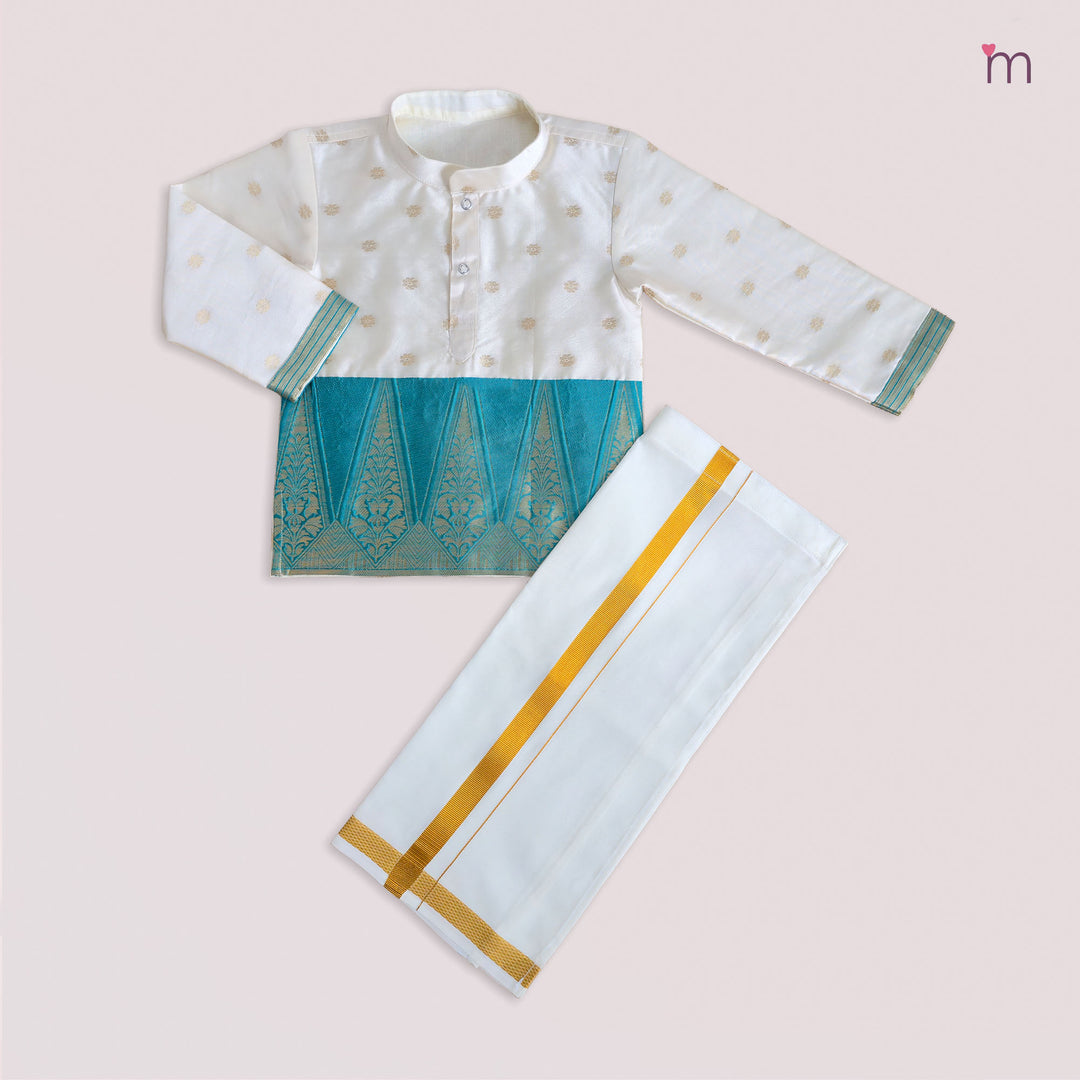 Mithran - Teal Halfwhite Kurta & Veshti set