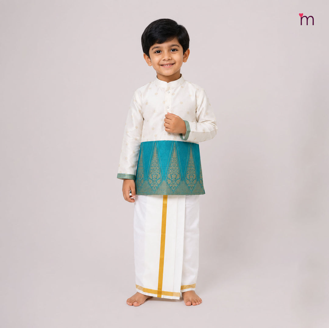 Mithran - Teal Halfwhite Kurta & Veshti set