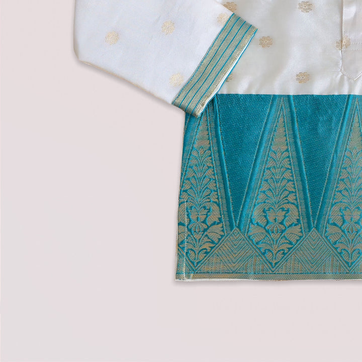 Mithran - Teal Halfwhite Kurta & Veshti set